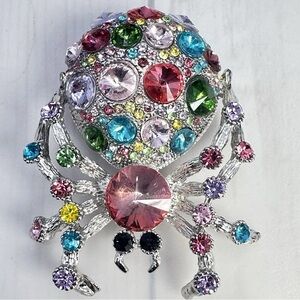Large Spider Brooch Pin Multicolor Rhinestone Silver Tone Fashion Bling Insect